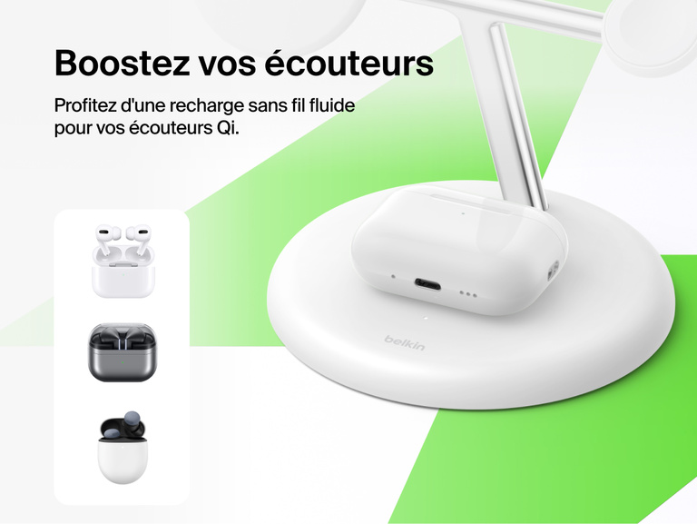 Belkin UltraCharge 3-in-1 Wireless Charging Stand with Qi2 25W charging Qi-enabled earbuds case on base pad with seamless wireless power feature highlighted