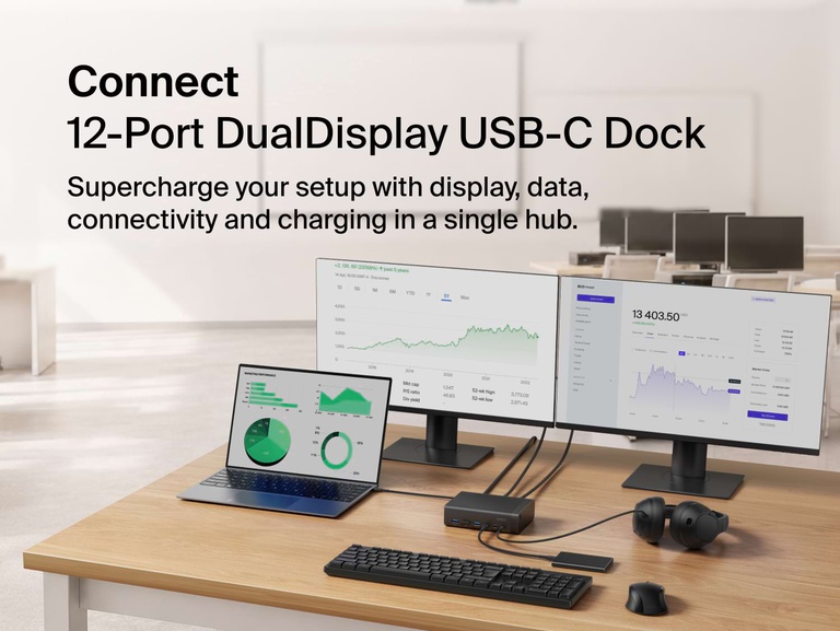 Connect 12-Port Dual Display USB-C Dock connected to a laptop and two monitors on a desk, supporting display, data, connectivity, and charging in a single hub
