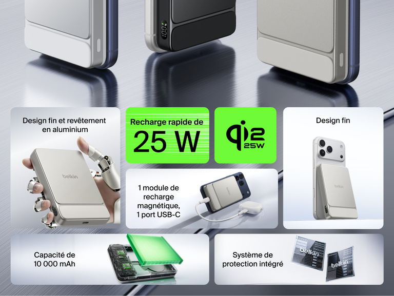 Belkin UltraCharge Slim Magnetic Power Bank 10K highlighting 25W fast charging, 10,000 mAh capacity, magnetic wireless charging, USB-C port, and slim premium aluminum design