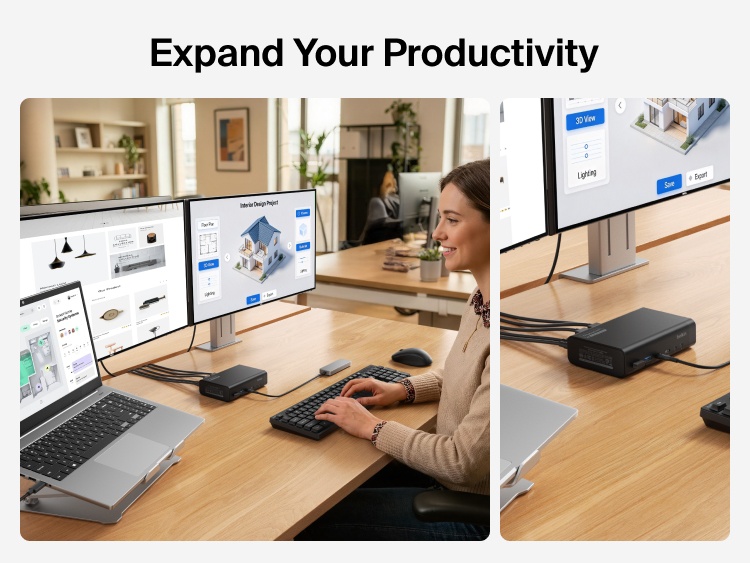 Universal 14-Port Dual Display USB-C Dock used with laptop and dual monitors for efficient multitasking workflow