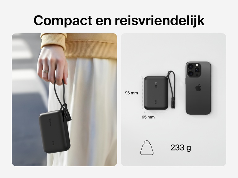 De Belkin BoostCharge 10.000mAh-powerbank met display is afgebeeld in een hand en naast een smartphone, om de compacte, reisvriendelijke vormgeving met afmetingen van 96 x 65 mm en een gewicht van slechts 233 g te benadrukken.