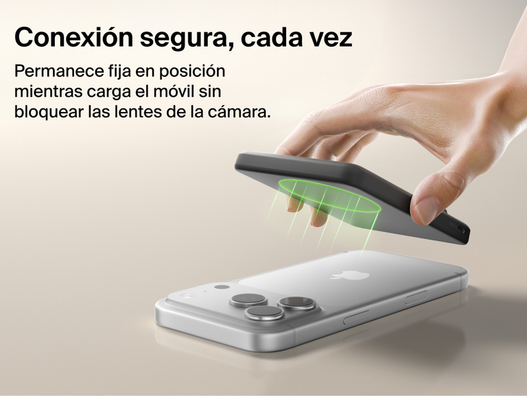 Belkin BoostCharge Slim Magnetic Power Bank 5K with Qi2 featuring a secure magnetic ring that aligns accessories and attaches firmly without obstructing the phone camera.