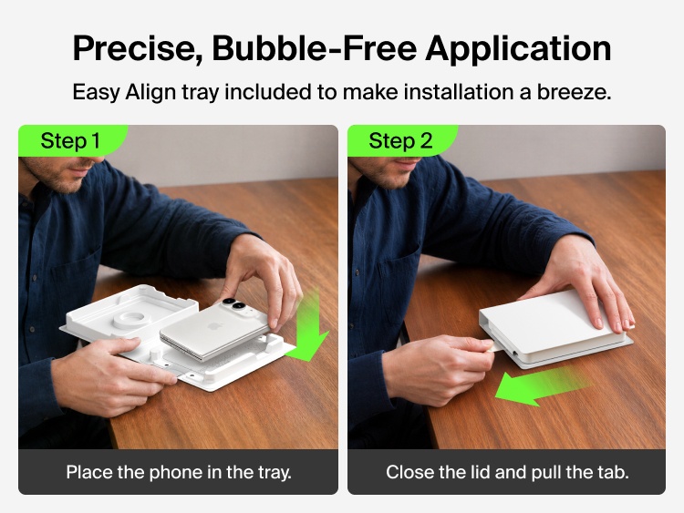 Belkin Titan SmartShield Anti-Reflective Screen Protector includes an Easy Align tray for precise, bubble-free installation by placing the phone in the tray, closing the lid and pulling the tab.