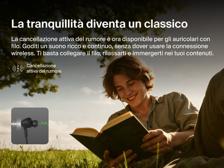 Belkin SoundForm ANC Wired Earbuds with USB-C® provide active noise cancellation for rich, uninterrupted sound while reading or relaxing outdoors.