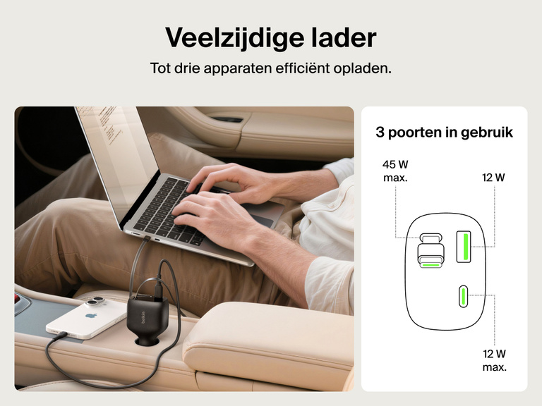 Afbeelding van de Belkin BoostCharge 75W-autolader met uittrekbare kabel die een laptop, smartphone en earbuds gelijktijdig oplaadt via de 3 aansluitingen die efficiënt opladen in de auto mogelijk maken.