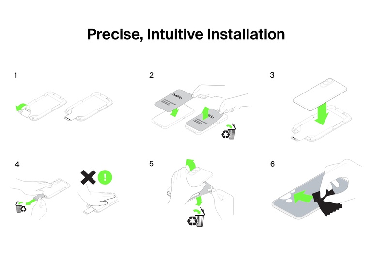 Step-by-step illustration showing the precise, intuitive installation process of the Belkin ScreenForce InvisiGlass Screen Protector using an application tray and removal tools.