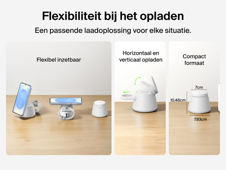 Afbeelding van het Belkin UltraCharge modulaire laadstation met Qi2 25W waarop flexibele draadloze laadmogelijkheden getoond worden, waaronder opladen met standaard of horizontaal, en waarop de compacte ruimtebesparende vormgeving wordt benadrukt waarmee het ideaal is voor dagelijks gebruik.