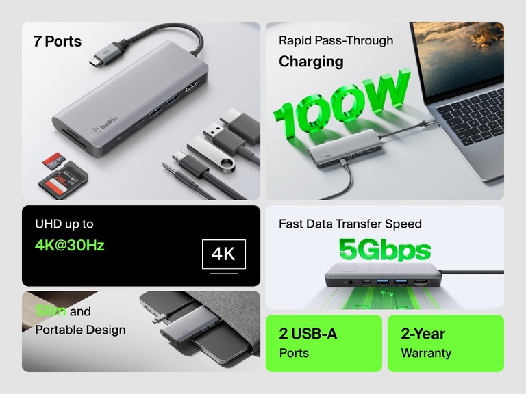 Image displaying the Belkin Connect USB-C 7-in-1 Multiport Hub highlighting features such as 7 ports, 100W pass-through charging, 4K@30Hz video output, 5Gbps data transfer speed, 2 USB-A ports, and a slim, portable design.