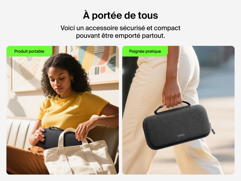 Photo de la pochette de transport Belkin Gaming pour Nintendo Switch 2 illustrant son côté pratique et transportable, tenue par sa poignée.