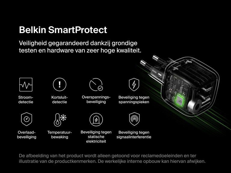 Belkin BoostCharge 2-poorts USB-C GaN-wandlader van 50 W met SmartProtect-technologie die zorgt voor stroomdetectie, kortsluitbeveiliging, overspanningsbeveiliging, overlaadbeveiliging, temperatuurbewaking en beveiliging tegen elektrostatische ontlading (ESD) ten behoeve van veilig opladen.