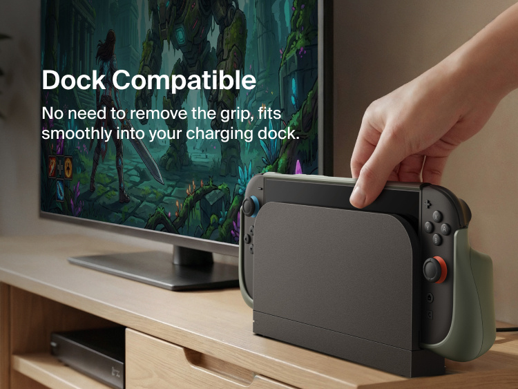 Belkin Gaming Charging Grip for Nintendo Switch 2 seamlessly docks without removing the grip, enabling convenient charging and storage.