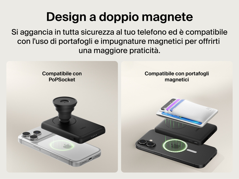 Belkin BoostCharge Slim Magnetic Power Bank 5K with Qi2 highlighting an ultra-slim, lightweight design with smart thermal control for safe, pocket-friendly portable charging.