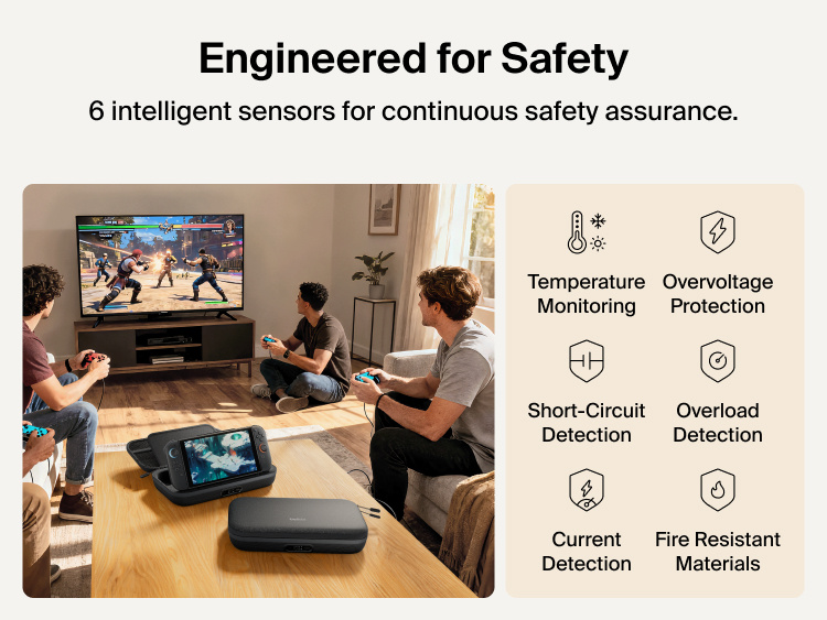 Belkin Gaming Charging Case Pro for Nintendo Switch 2 shown in a living room setup highlighting engineered safety features including temperature monitoring, overvoltage protection, overload detection, and fire-resistant materials.