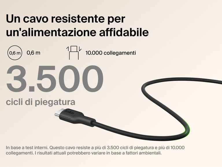 Belkin BoostCharge Slim Magnetic Power Bank 5K with Qi2 includes a durable USB-C to USB-C cable designed for long-lasting, reliable charging performance.