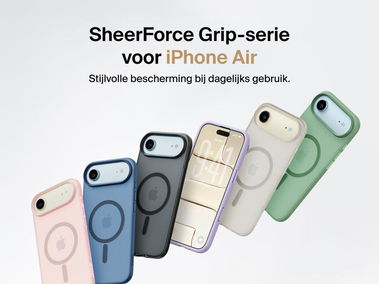 Belkin SheerForce Grip Series protective case for iPhone 17 shown in pink, clear, and black with slim design and MagSafe compatibility.