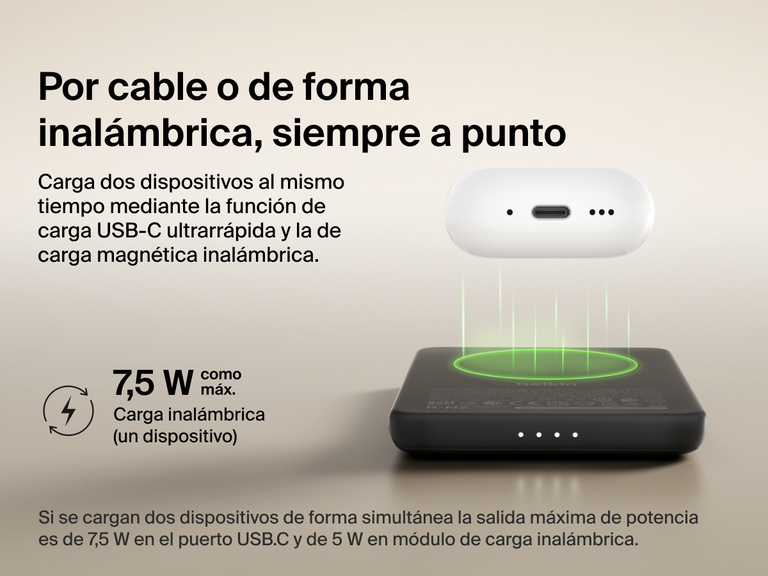 Belkin BoostCharge Slim Magnetic Power Bank 5K shown wirelessly charging earbuds, demonstrating 7.5W max magnetic wireless charging for single-device power.