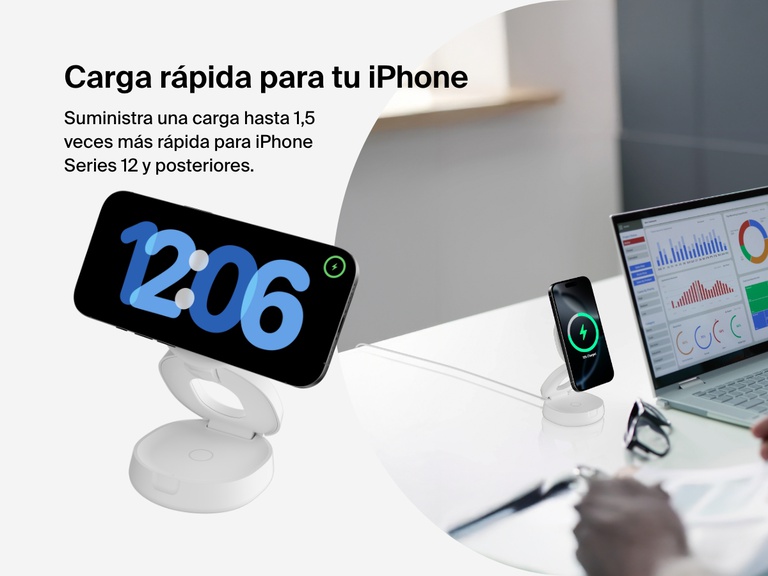 Belkin BoostCharge 2-in-1 Convertible Magnetic Charging Stand with Qi2 15W fast charges an iPhone in both portrait and landscape modes, ideal for desks and workspaces.