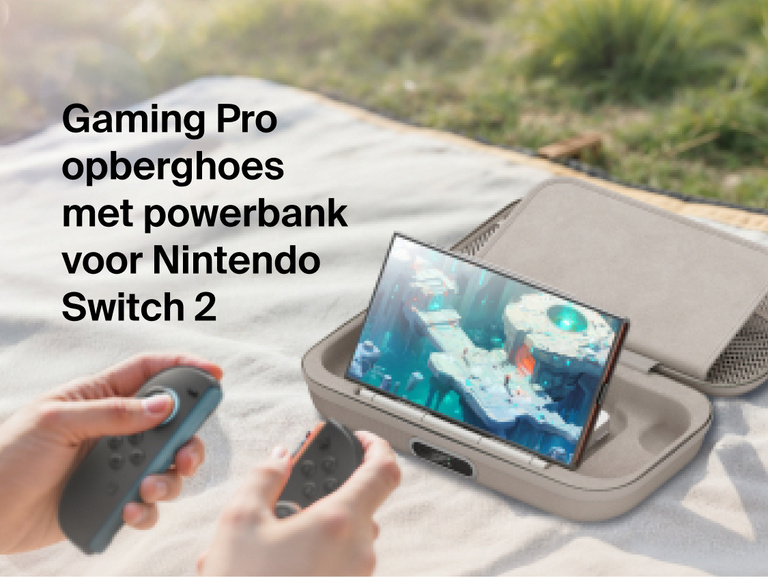 Belkin Gaming Charging Case Pro for Nintendo Switch 2 shown powering the console during outdoor gameplay with built-in charging and protective travel design.