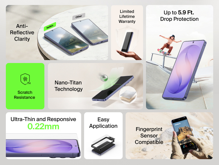 Feature overview of the Belkin ScreenForce Titan EcoGuard Anti-Reflective Screen Protector for Samsung Galaxy S26 highlighting anti-reflective clarity, 7H scratch resistance, up to 5.9 ft drop protection, nano-titan technology, fingerprint sensor compatibility, ultra-thin 0.22 mm design, and easy application.