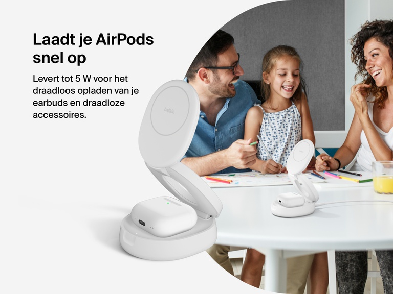Belkin BoostCharge 2-in-1 Convertible Magnetic Charging Stand with Qi2 15W wirelessly charges AirPods with up to 5W of power, shown in use on a family table.