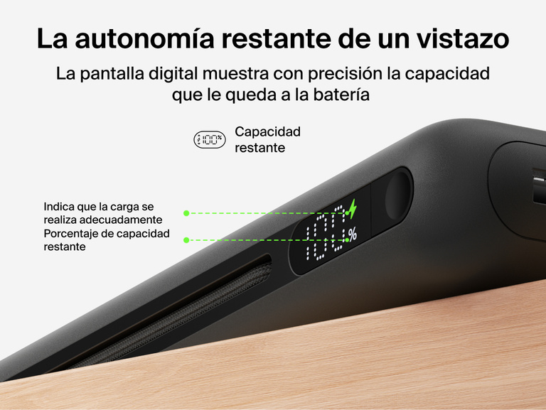 Belkin UltraCharge Pro Laptop Power Bank 25K with digital display showing real-time battery percentage and charging status for accurate power monitoring