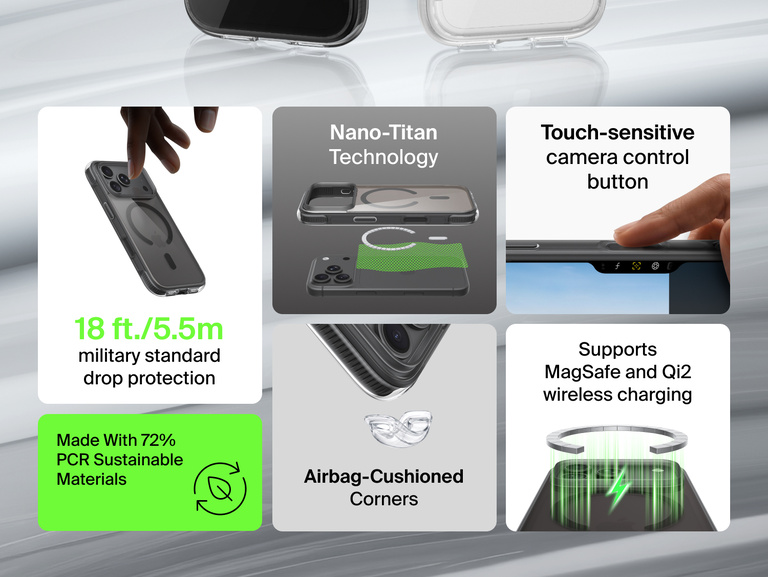 Belkin Protect+ Series Case for iPhone 18 features 18 ft./5.5m drop protection, airbag-cushioned corners, Nano-Titan technology, touch-sensitive Camera Control and MagSafe and Qi2 wireless charging support.