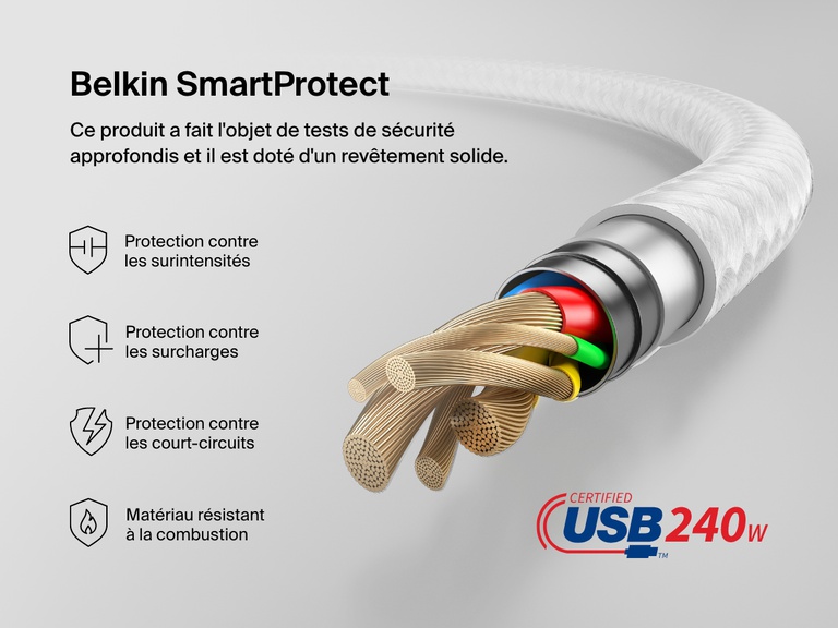 Le câble USB-C vers USB-C Belkin BoostCharge 240 W bénéficie d'une protection Belkin SmartProtect contre les surtensions, les surcharges et les courts-circuits. Il est également fabriqué en matériaux résistants à la combustion pour une recharge sûre et puissante.