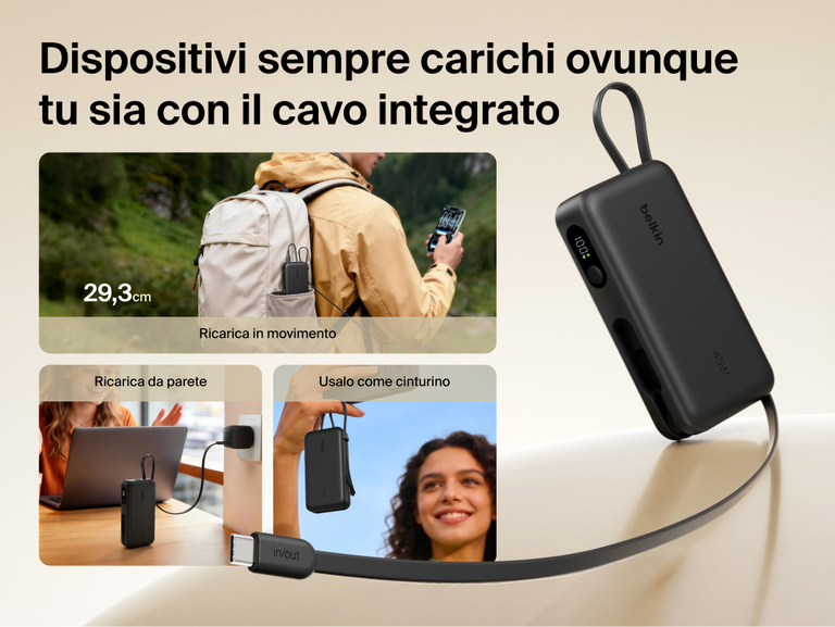 Belkin UltraCharge 10K power bank with integrated USB-C cable and digital display designed for portable charging, recharging, and convenient carry on the go