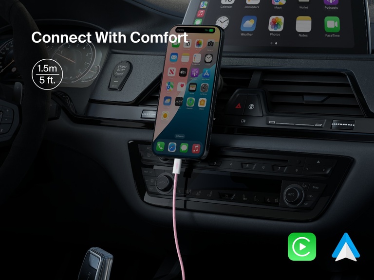 Belkin BoostCharge USB-C to USB-C Cable 240W in a car setup with a 1.5m length, enabling easy device access and seamless Apple CarPlay and Android Auto connectivity while charging.