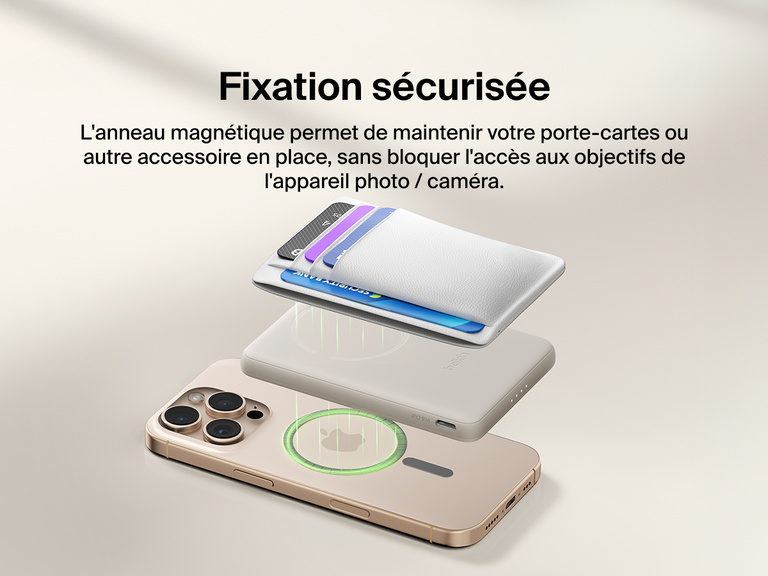 Belkin BoostCharge Slim Magnetic Power Bank 5K shown magnetically aligned between a smartphone and wallet accessory, demonstrating precise magnetic ring for secure attachment and camera-safe design.