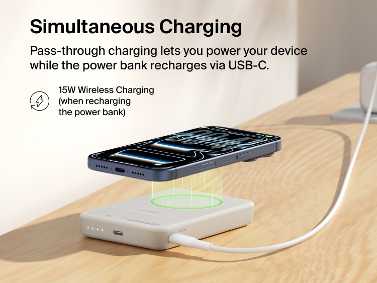 Slim Magnetic Power Bank 10K with Qi2 wirelessly charging smartphone while recharging via USB-C pass-through connection