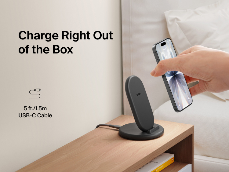 Belkin BoostCharge Wireless Charging Stand 15W featuring SmartProtect technology with six intelligent sensors for current detection, overload protection, and temperature monitoring.
