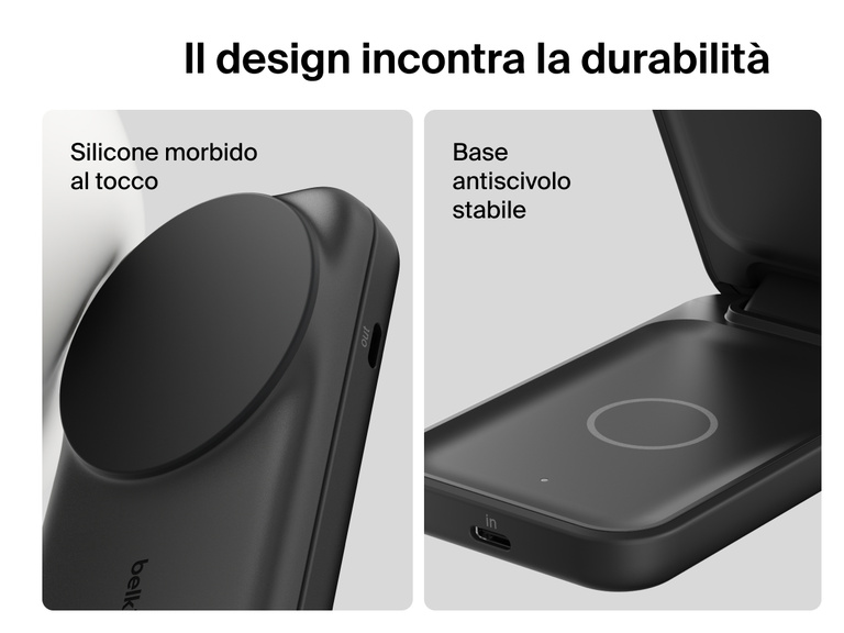 Primo piano del caricabatteria magnetico pieghevole 2 in 1 con Qi2 da 25 W Belkin UltraCharge che evidenzia i materiali in silicone morbido al tatto e la base piena antiscivolo per una maggiore durabilità e una ricarica più sicura.