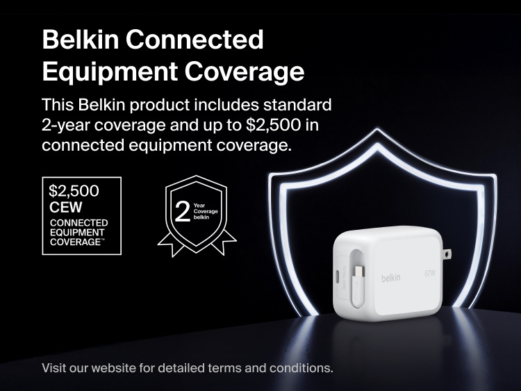 Belkin UltraCharge Retractable GaN Wall Charger 67W with built-in retractable USB-C cable featuring Belkin Connected Equipment Coverage with 2-year warranty and device protection.
