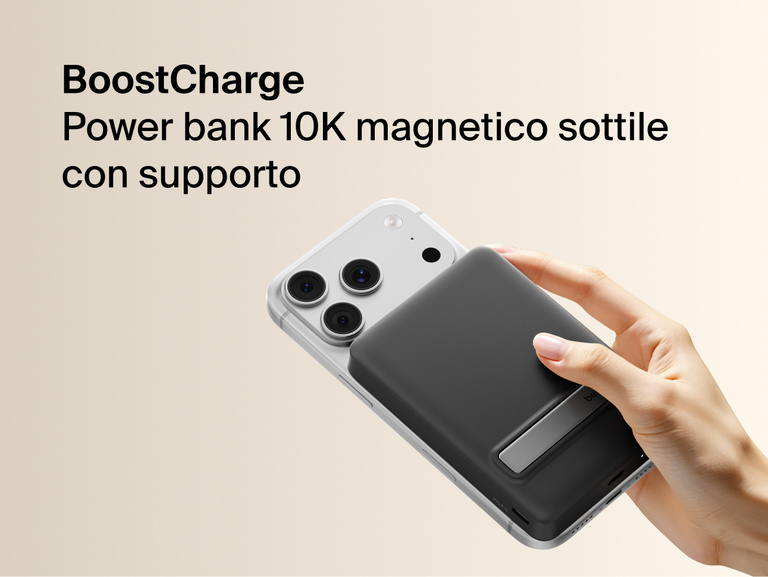 Slim Magnetic Power Bank 10K with Qi2 magnetically attached to smartphone showing integrated kickstand and handheld use