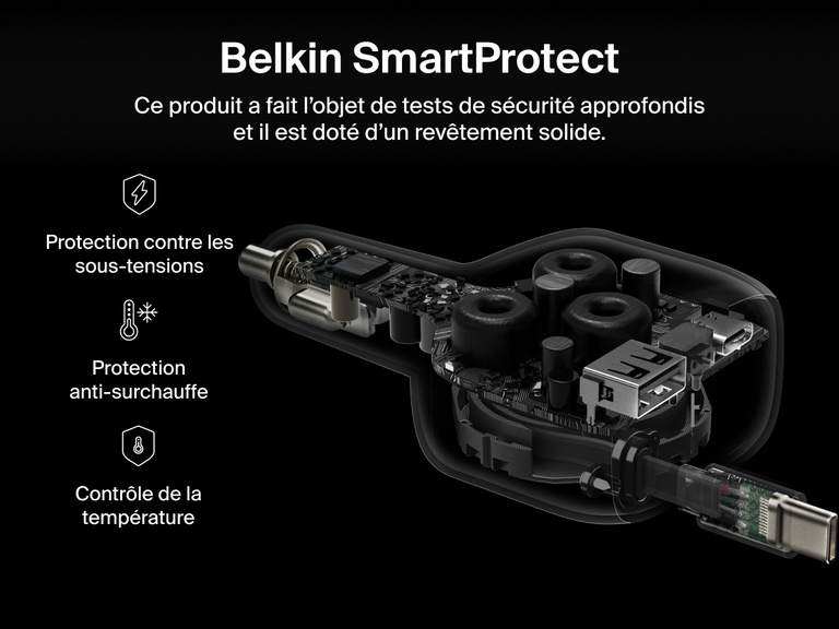 Image du chargeur de voiture Belkin BoostCharge avec câble rétractable (75 W) équipé de la technologie Belkin SmartProtect, avec la protection contre les sous-tensions, la protection contre la surchauffe et le contrôle de la température pour une recharge sécurisée.