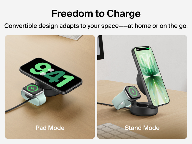 Belkin UltraCharge Pro 2-in-1 Convertible Magnetic Charger with Qi2 25W adapts to pad or stand mode, enabling fast wireless charging for a smartphone and Apple Watch at home or on the go.
