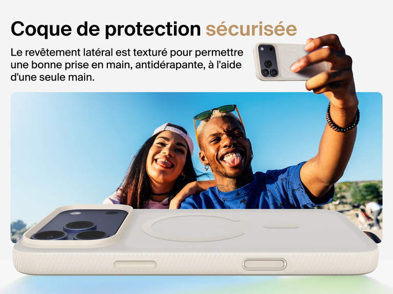 Belkin SheerForce Grip Series Case for iPhone 17 with military-grade drop protection and textured non-slip grip.