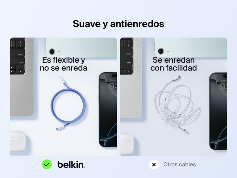 Imagen en paralelo mostrando el cable USB-C a USB-C de 60 W Belkin BoostCharge, haciendo hincapié en sus cualidades de suavidad, flexibilidad y antienredos, en comparación con otros cables convencionales que se enmarañan con facilidad.