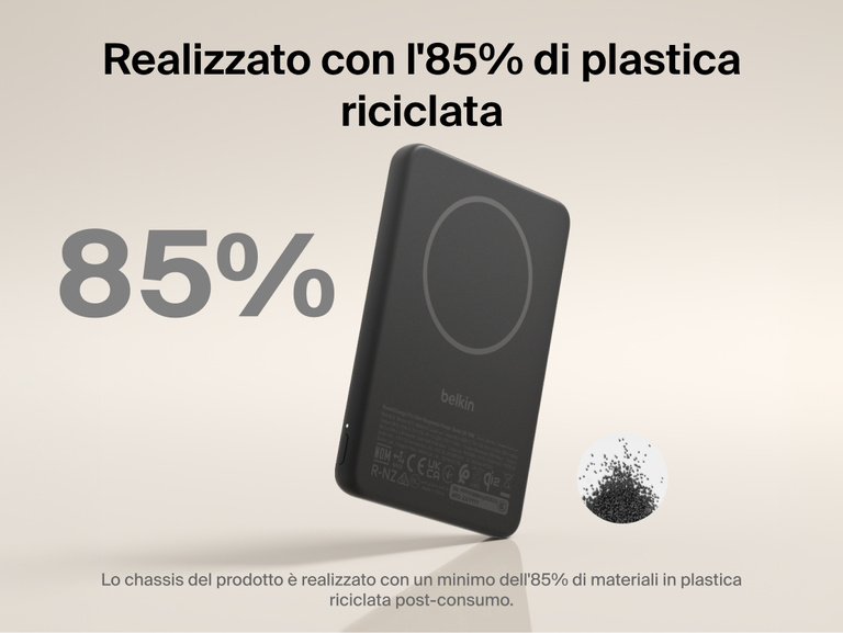 Belkin BoostCharge Slim Magnetic Power Bank 5K with Qi2 shown made with at least 85 percent post-consumer recycled plastic for a more sustainable portable charging solution.