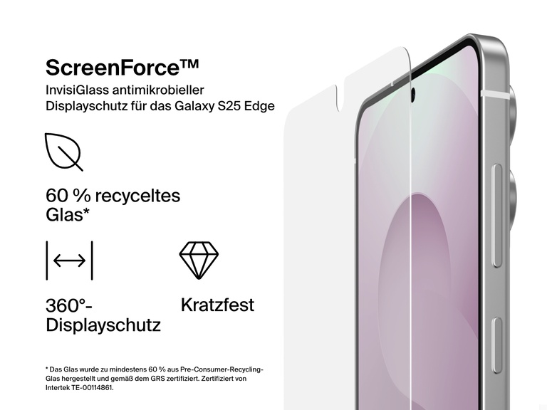 Marketing-Bild einer antimikrobiellen Belkin Screenforce InvisiGlass Displayschutzfolie für das Samsung Galaxy S25 Edge, das die Funktionen wie Kratzfestigkeit, 360°-Displayschutz und Herstellung aus 60 % recyceltem Glas verdeutlicht. Ein Smartphone mit der Displayschutzfolie wird rechts gezeigt.