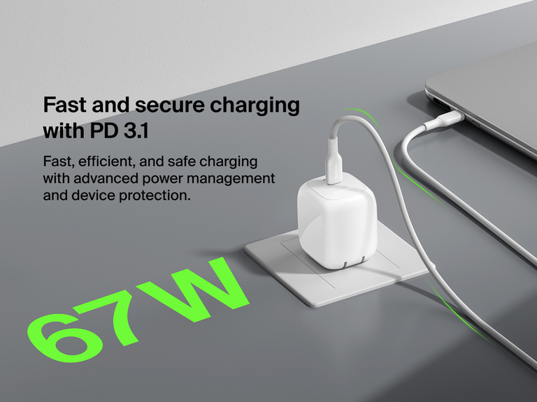 Belkin BoostCharge Pro Dual USB-C GaN Wall Charger 67W shown delivering fast and secure PD 3.1 charging with advanced power management for efficient device protection.