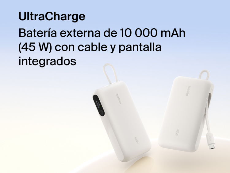 Belkin UltraCharge 10K 45W power bank with integrated cable and digital display showing battery level, designed for fast portable charging.