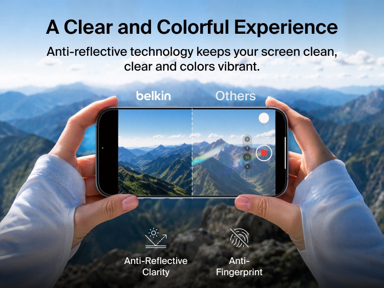Belkin Titan SmartShield Bright Privacy Screen Protector uses anti-reflective and anti-fingerprint technology to maintain clear, vibrant iPhone 17 screen visibility.
