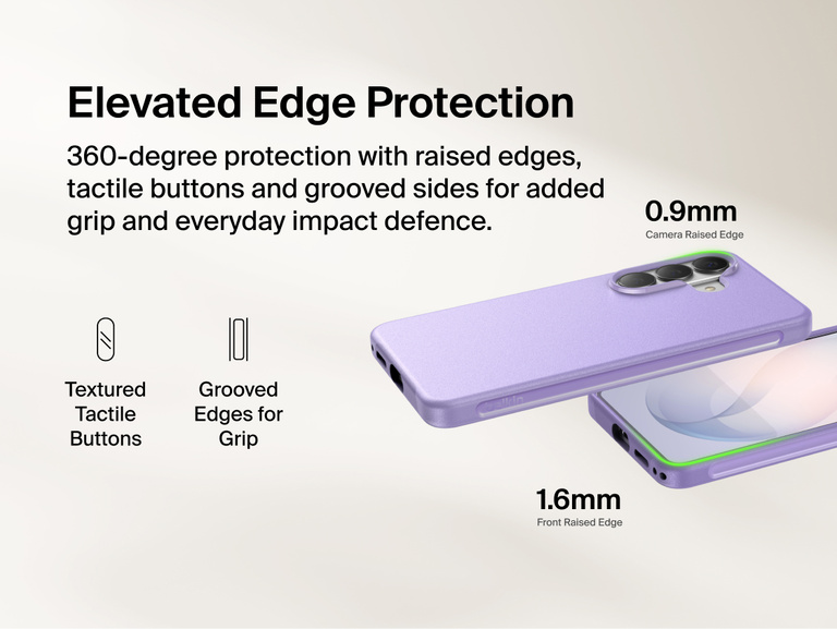 Belkin SheerForce Protect Series Case for Samsung Galaxy S26 featuring elevated edge protection with raised camera and screen edges, tactile buttons, and grooved sides for enhanced grip and everyday impact defense.