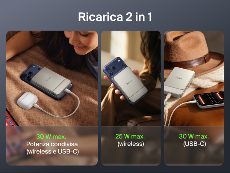 Belkin UltraCharge Slim Magnetic Power Bank 10K showcasing 10,000 mAh capacity, ultra-slim design, and compact size compared to standard portable chargers