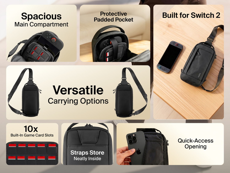 Belkin Gaming Travel Bag for Nintendo Switch 2 with spacious storage, padded protection, game card organization, and versatile carrying options for gaming on the go.