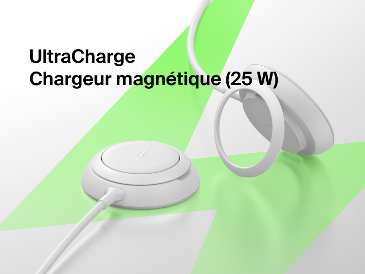 Image du chargeur magn&eacute;tique Qi2 25 W Belkin UltraCharge &agrave; la fois fin et &eacute;l&eacute;gant con&ccedil;u pour offrir une recharge sans fil rapide et s&eacute;curis&eacute;e.