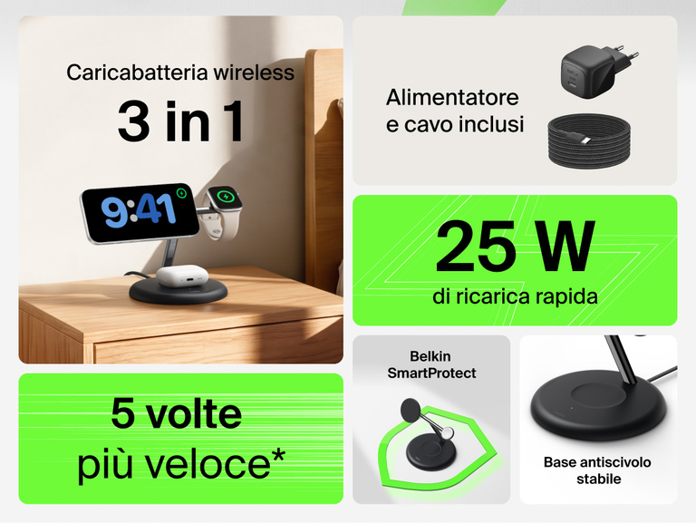 Belkin UltraCharge 3-in-1 Wireless Charging Stand with Qi2 25W showcasing compact design with integrated Apple Watch charger and earbuds dock