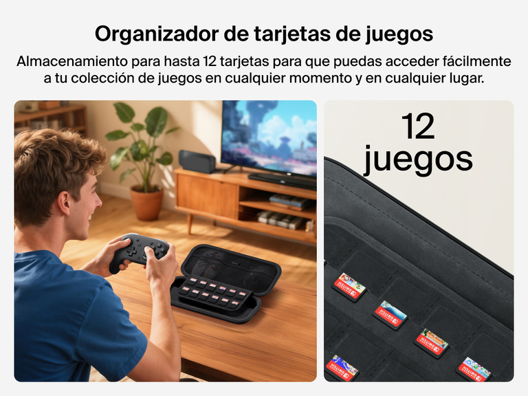 Hombre jugando a videojuegos con un mando y cerca de la funda de viaje de Belkin Gaming para Nintendo Switch 2. La funda incluye una solapa especialmente diseñada para proporcionar almacenamiento/acceso fácil para hasta 12 tarjetas de juegos.